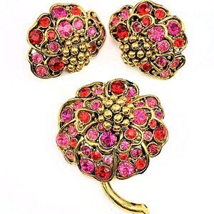 HOLLYCRAFT vintage pin + earrings pink + red rhinestone gold tone flower SET